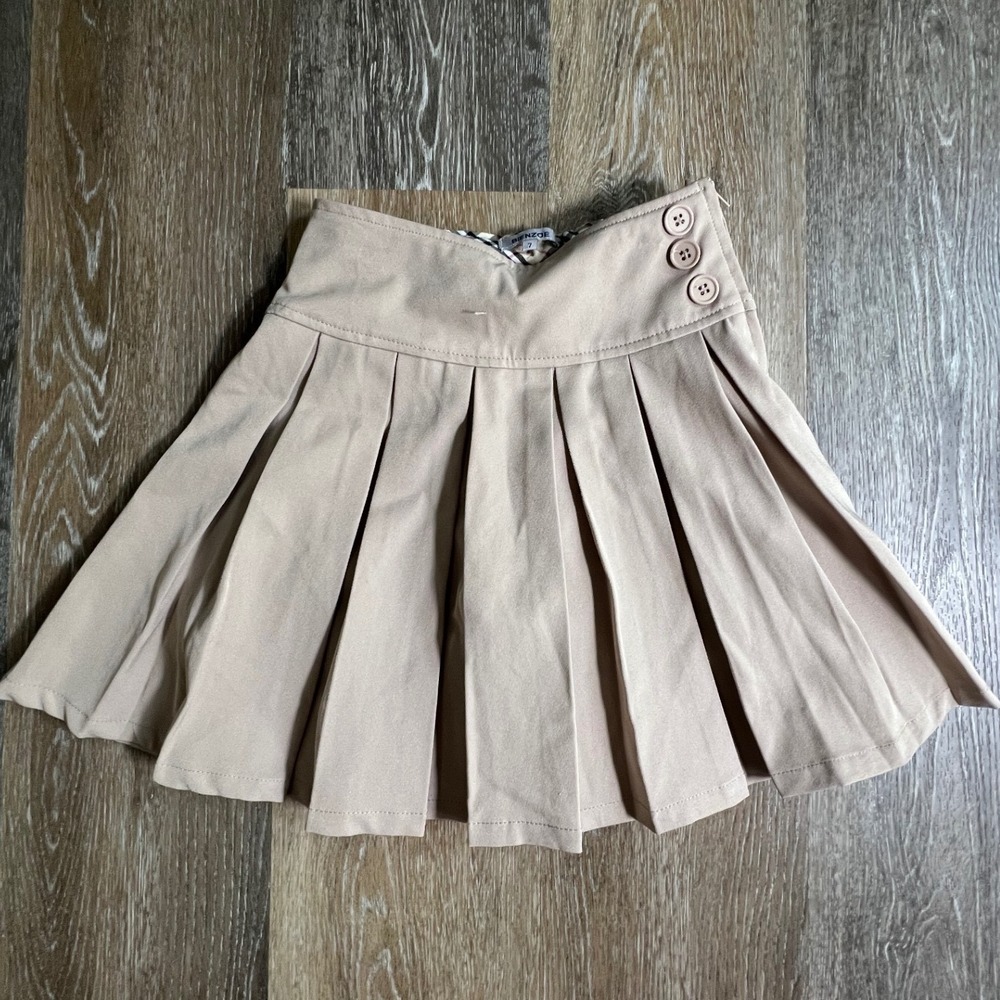 Bienzoe Pleated Skirt Girls Size 7 Tan Khaki School Uniform Button Detail